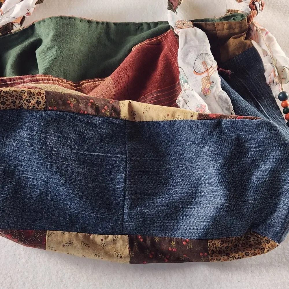 Shoulder Bag Patchwork Quilted Calico Braided Strap Boho Cottagecore